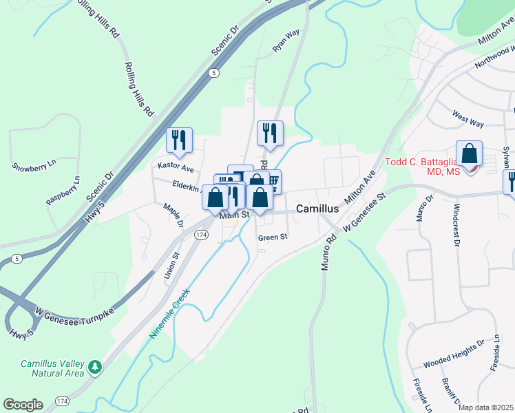 map of restaurants, bars, coffee shops, grocery stores, and more near 24 Main Street in Camillus
