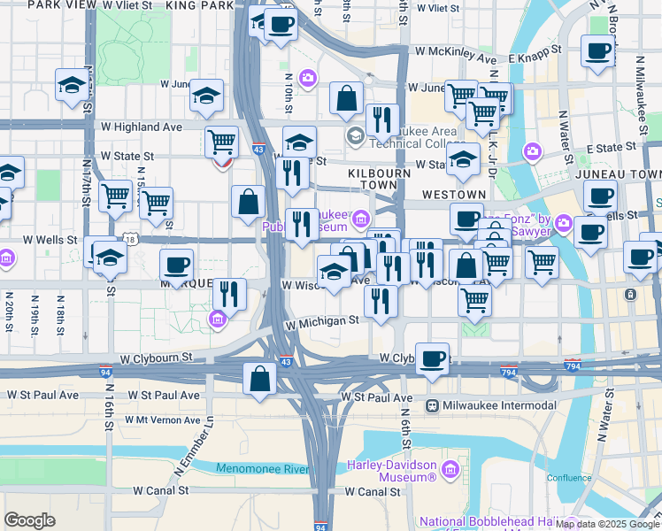 map of restaurants, bars, coffee shops, grocery stores, and more near 814 West Wisconsin Avenue in Milwaukee