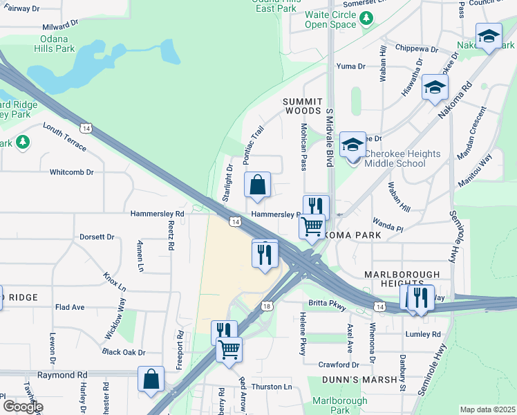 map of restaurants, bars, coffee shops, grocery stores, and more near 4604 Hammersley Road in Madison