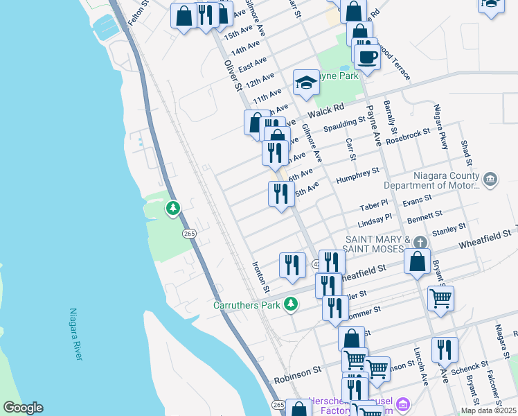 map of restaurants, bars, coffee shops, grocery stores, and more near 42 5th Avenue in North Tonawanda