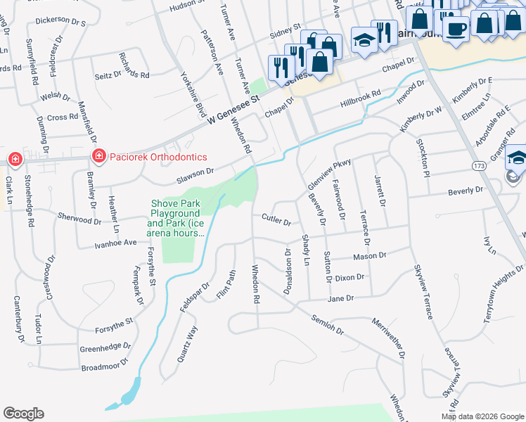 map of restaurants, bars, coffee shops, grocery stores, and more near 108 Cutler Drive in Syracuse