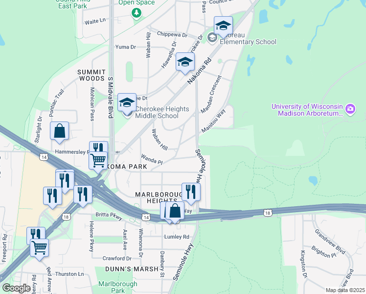 map of restaurants, bars, coffee shops, grocery stores, and more near 4213 Manitou Way in Madison