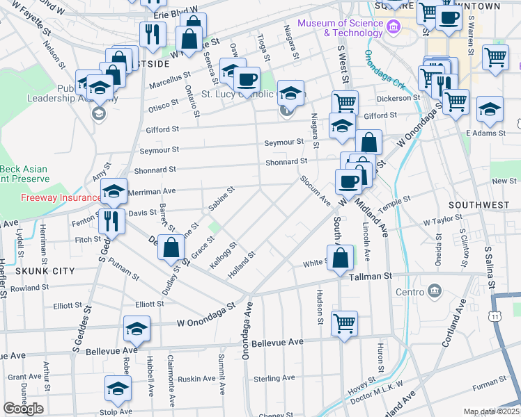 map of restaurants, bars, coffee shops, grocery stores, and more near 208 Kellogg Street in Syracuse