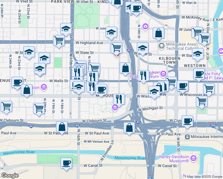 map of restaurants, bars, coffee shops, grocery stores, and more near 722 North 13th Street in Milwaukee