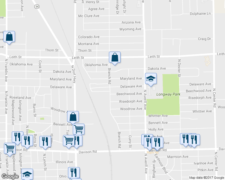 map of restaurants, bars, coffee shops, grocery stores, and more near 2620 Branch Road in Flint