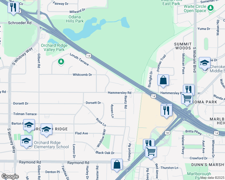 map of restaurants, bars, coffee shops, grocery stores, and more near 4928 Hammersley Road in Madison