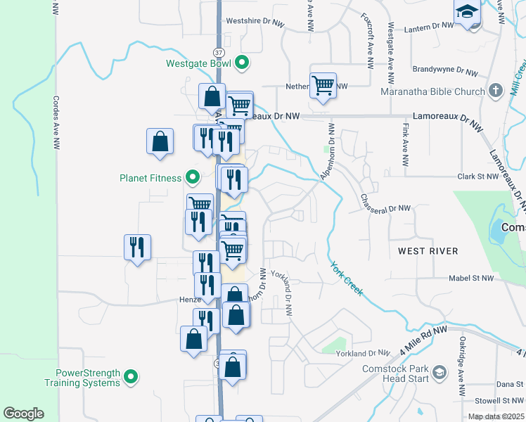 map of restaurants, bars, coffee shops, grocery stores, and more near 4209 Alpenhorn Drive Northwest in Comstock Park