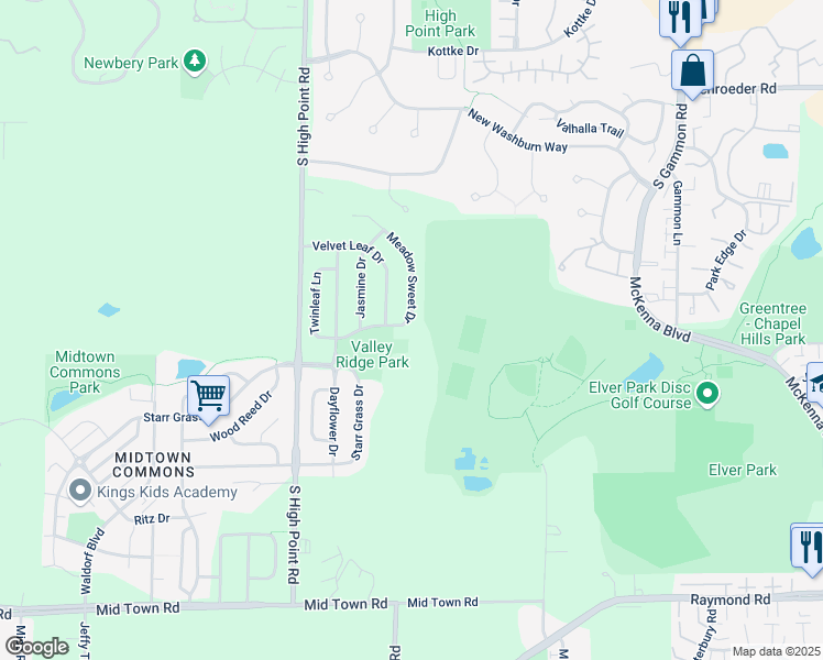 map of restaurants, bars, coffee shops, grocery stores, and more near 1265 Meadow Sweet Drive in Madison