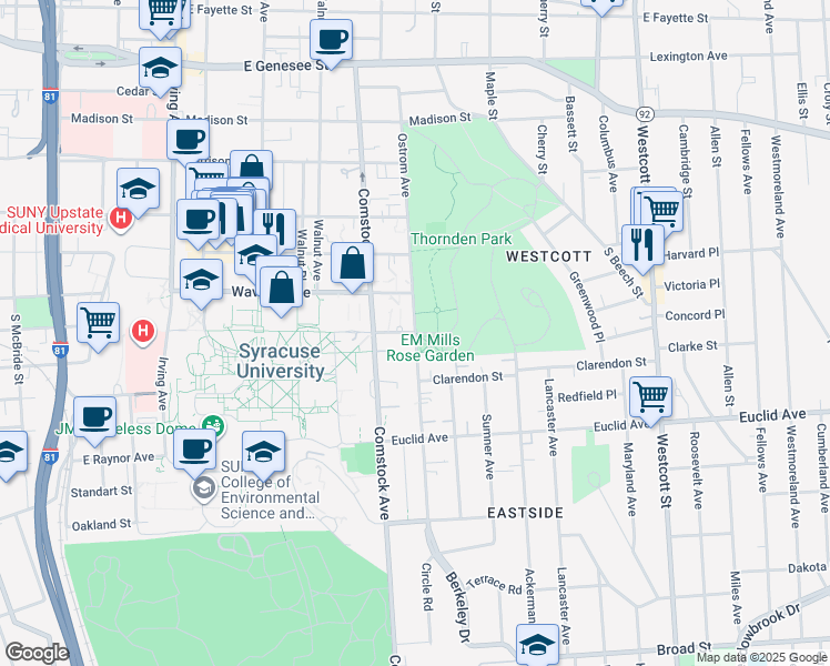 map of restaurants, bars, coffee shops, grocery stores, and more near 721 University Place in Syracuse