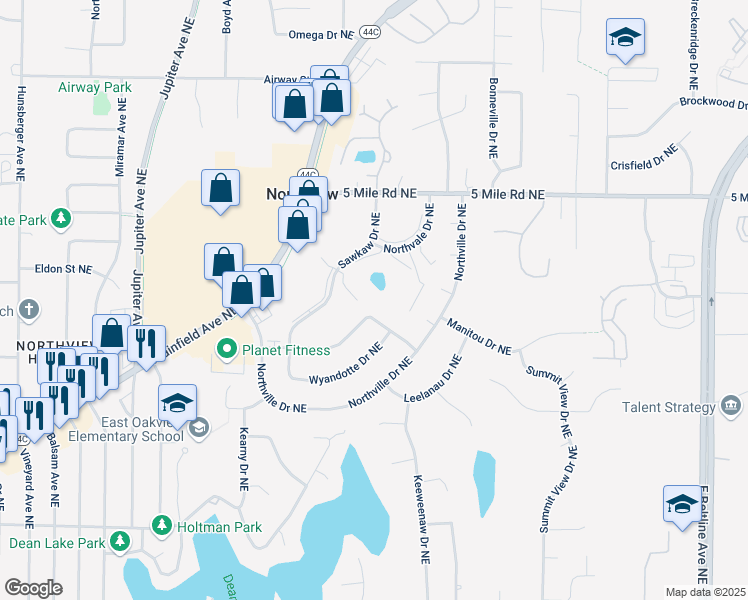 map of restaurants, bars, coffee shops, grocery stores, and more near 4000 Sawkaw Drive Northeast in Grand Rapids