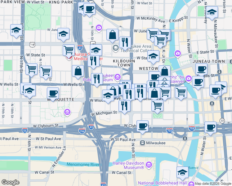 map of restaurants, bars, coffee shops, grocery stores, and more near 740 West Wisconsin Avenue in Milwaukee