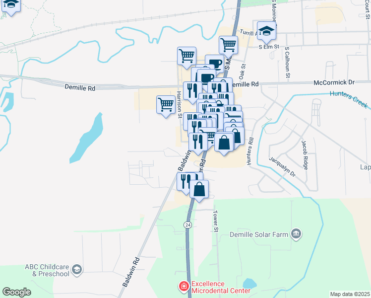 map of restaurants, bars, coffee shops, grocery stores, and more near 906 Baldwin Road in Lapeer