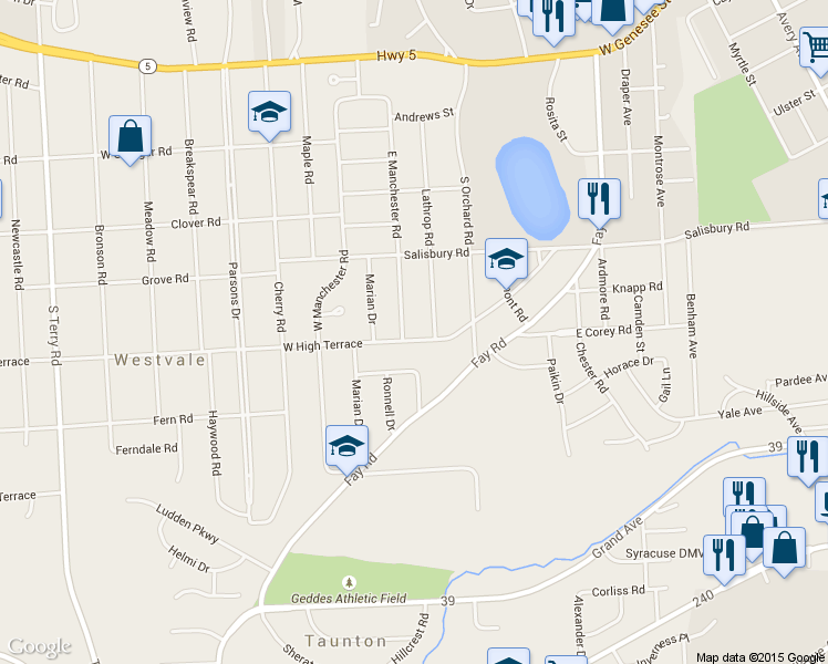 map of restaurants, bars, coffee shops, grocery stores, and more near 320 West High Terrace in Syracuse