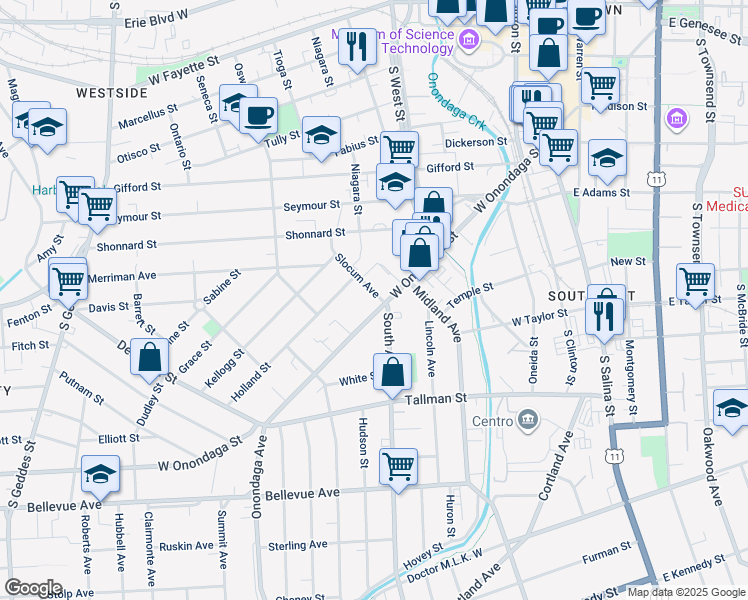 map of restaurants, bars, coffee shops, grocery stores, and more near 600 West Onondaga Street in Syracuse
