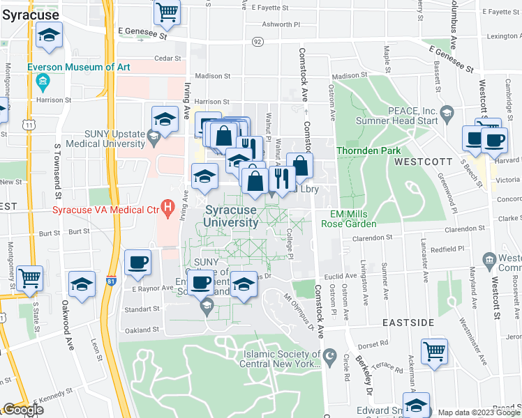 map of restaurants, bars, coffee shops, grocery stores, and more near University Place in Syracuse