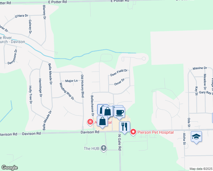 map of restaurants, bars, coffee shops, grocery stores, and more near 2173 Tall Oaks Drive in Davison