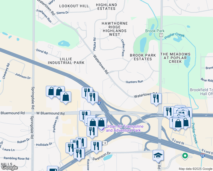map of restaurants, bars, coffee shops, grocery stores, and more near 730 Larry Court in Waukesha