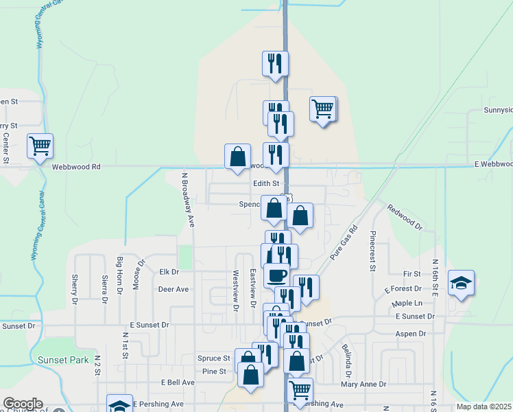 map of restaurants, bars, coffee shops, grocery stores, and more near 703 Spencer Street in Riverton
