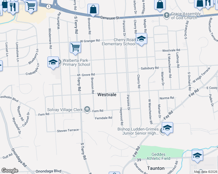 map of restaurants, bars, coffee shops, grocery stores, and more near 414 Breakspear Road in Syracuse