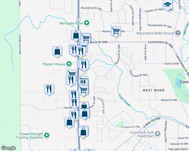 map of restaurants, bars, coffee shops, grocery stores, and more near 4209 Alpenhorn Drive Northwest in Comstock Park
