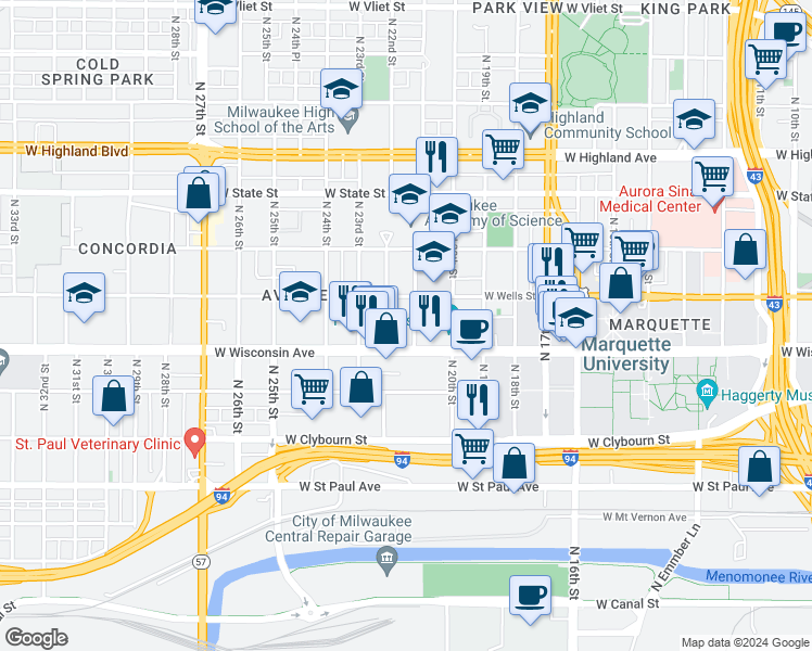 map of restaurants, bars, coffee shops, grocery stores, and more near 2040 West Wisconsin Avenue in Milwaukee