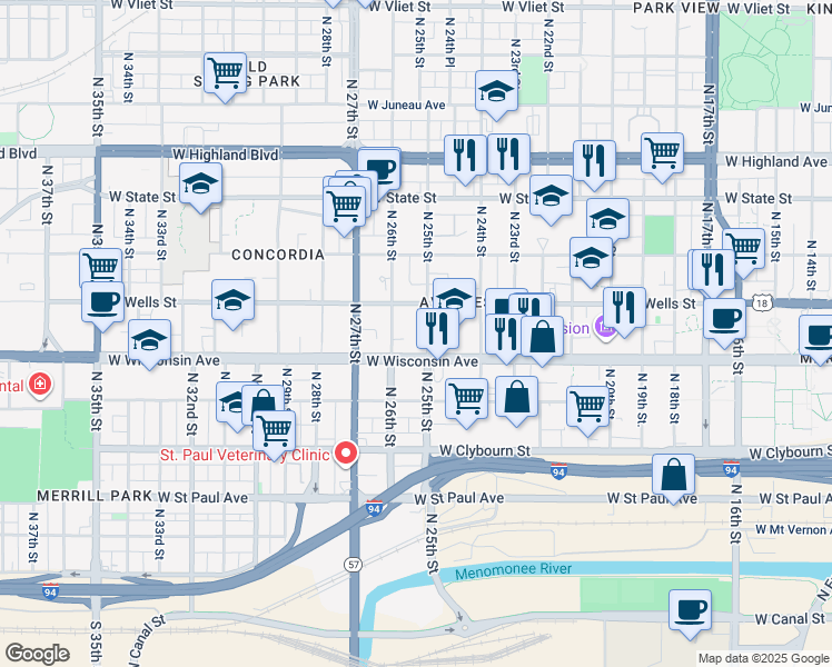 map of restaurants, bars, coffee shops, grocery stores, and more near 731 North 25th Street in Milwaukee