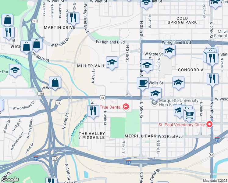 map of restaurants, bars, coffee shops, grocery stores, and more near 3808 West Wisconsin Avenue in Milwaukee