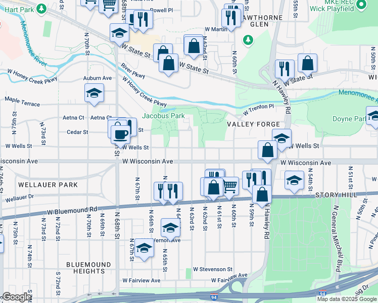 map of restaurants, bars, coffee shops, grocery stores, and more near 6313 West Wells Street in Wauwatosa