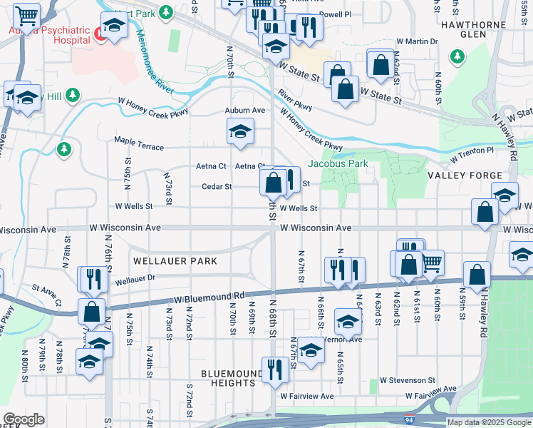 map of restaurants, bars, coffee shops, grocery stores, and more near 800 North 68th Street in Wauwatosa
