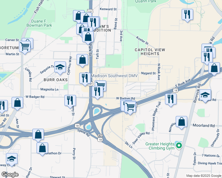 map of restaurants, bars, coffee shops, grocery stores, and more near 620 West Badger Road in Madison