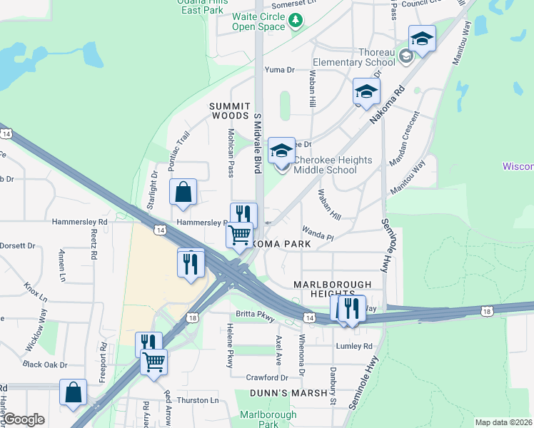 map of restaurants, bars, coffee shops, grocery stores, and more near 1209 South Midvale Boulevard in Madison