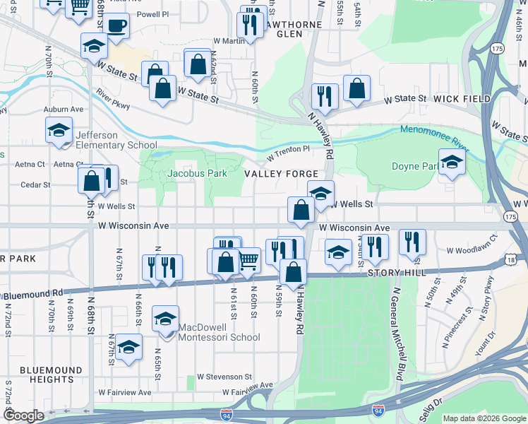 map of restaurants, bars, coffee shops, grocery stores, and more near 5925 West Wells Street in Wauwatosa