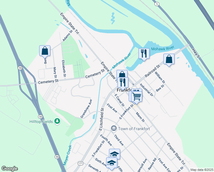 map of restaurants, bars, coffee shops, grocery stores, and more near 140 South Litchfield Street in Frankfort