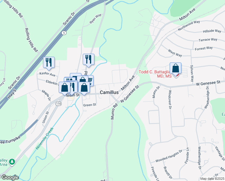 map of restaurants, bars, coffee shops, grocery stores, and more near 4464-4470 Milton Avenue in Camillus