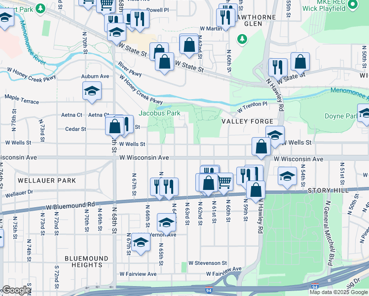 map of restaurants, bars, coffee shops, grocery stores, and more near 6313 West Wells Street in Wauwatosa