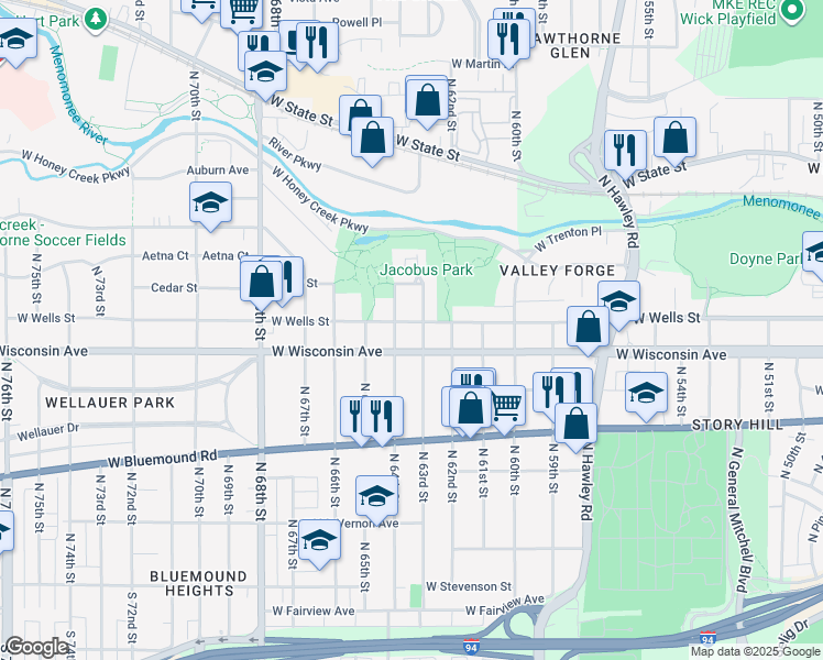 map of restaurants, bars, coffee shops, grocery stores, and more near 6313 West Wells Street in Wauwatosa