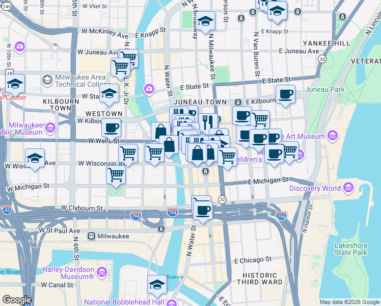 map of restaurants, bars, coffee shops, grocery stores, and more near 724 North Water Street in Milwaukee