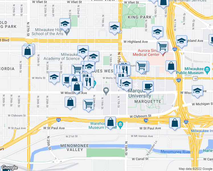 map of restaurants, bars, coffee shops, grocery stores, and more near 725 North 18th Street in Milwaukee