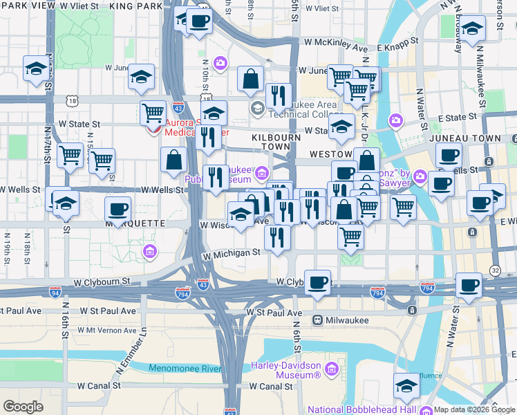 map of restaurants, bars, coffee shops, grocery stores, and more near 740-750 West Wisconsin Avenue in Milwaukee