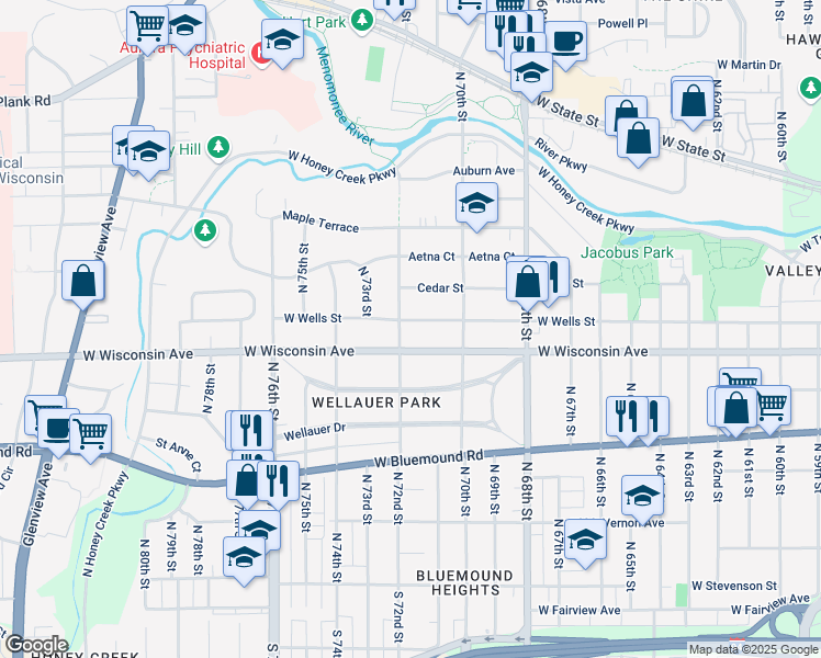 map of restaurants, bars, coffee shops, grocery stores, and more near 7123 West Wells Street in Wauwatosa