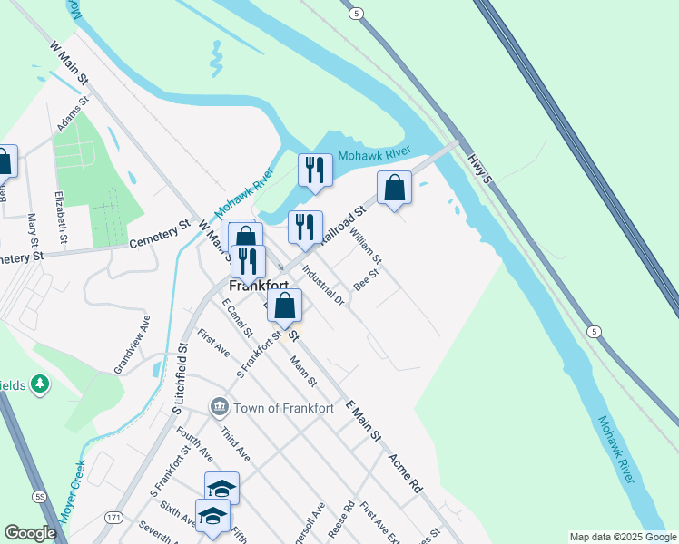 map of restaurants, bars, coffee shops, grocery stores, and more near 123 Sheldon Avenue in Frankfort