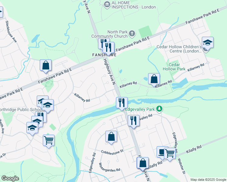 map of restaurants, bars, coffee shops, grocery stores, and more near 155 Killarney Road in London