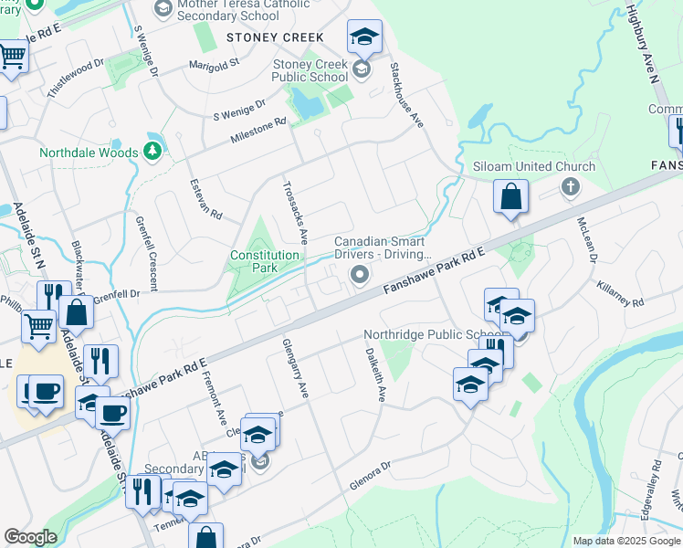 map of restaurants, bars, coffee shops, grocery stores, and more near 1562 Trossacks Avenue in London