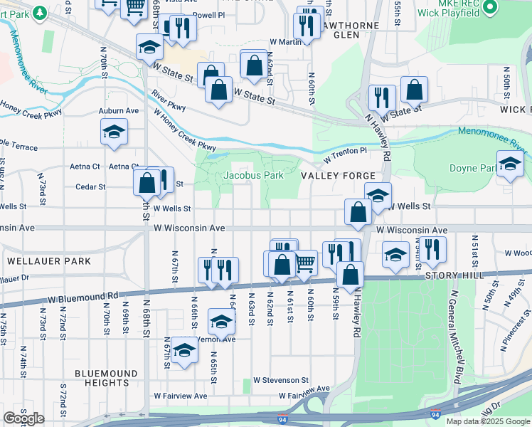 map of restaurants, bars, coffee shops, grocery stores, and more near 6203 West Wells Street in Wauwatosa
