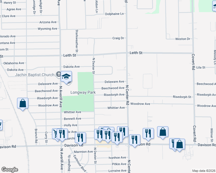 map of restaurants, bars, coffee shops, grocery stores, and more near 3741 Beechwood Avenue in Flint