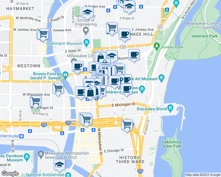 map of restaurants, bars, coffee shops, grocery stores, and more near 731 North Jackson Street in Milwaukee