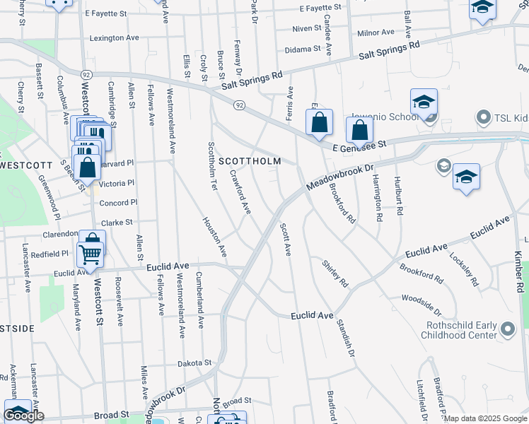 map of restaurants, bars, coffee shops, grocery stores, and more near 232 Scott Avenue in Syracuse