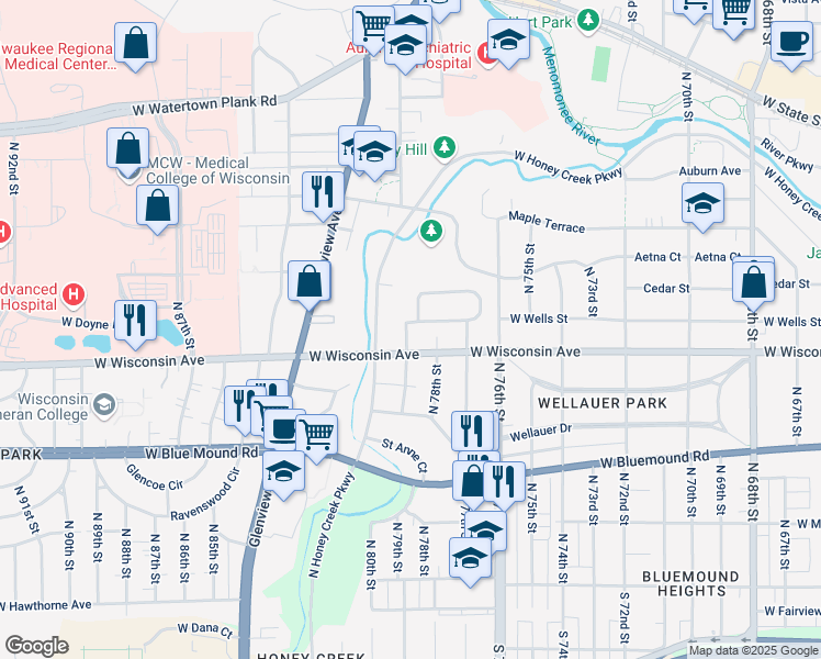 map of restaurants, bars, coffee shops, grocery stores, and more near 7829 North 79th Street in Wauwatosa