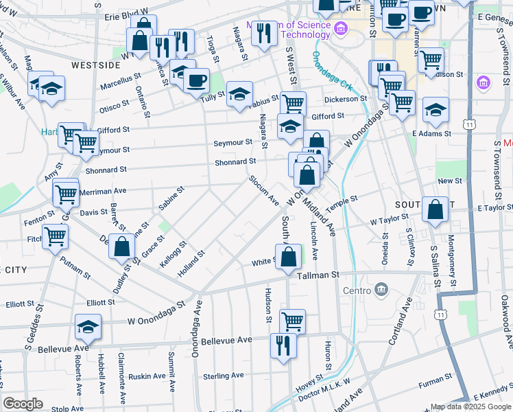 map of restaurants, bars, coffee shops, grocery stores, and more near 123-25 Holland Street in Syracuse