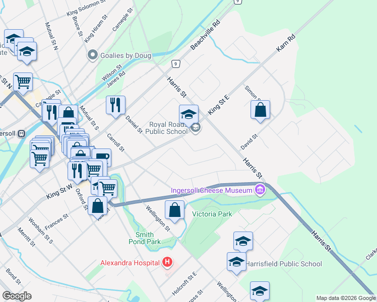 map of restaurants, bars, coffee shops, grocery stores, and more near 9 Princess Park Road in Ingersoll